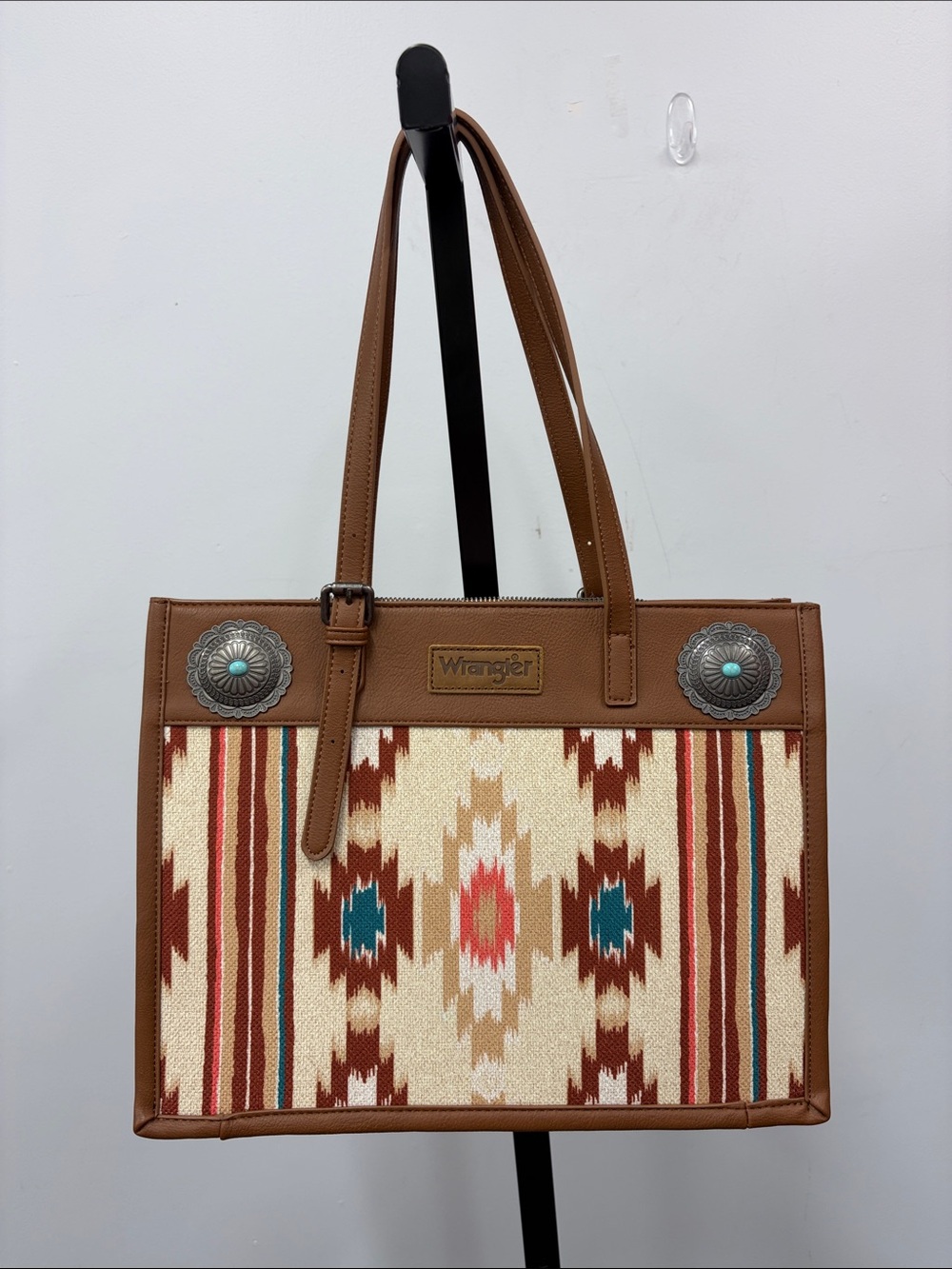 Wrangler Brown Tote with Turquoise and Coral Southwestern Pattern